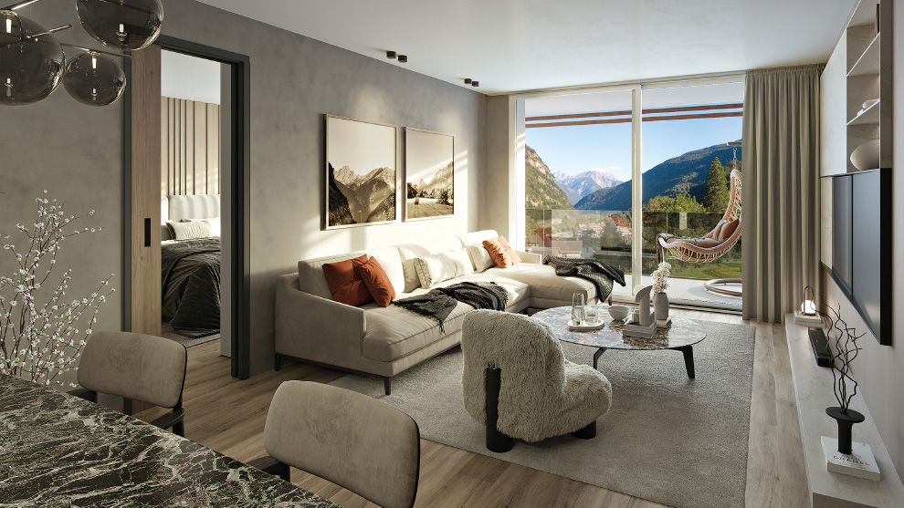 Soggiorno Arredato di un Appartamento del Sun Village Acquarossa